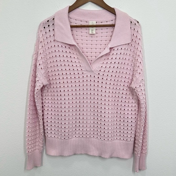 Joie Women's Size Medium Baby Pink Open Knit Collared V Neck Sweater Summer - Picture 1 of 4